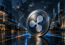 Ripple öffnet RLUSD die Tür zu Geldströmen von 13 Billionen US-Dollar RLUSD-Symbol vor einem globalen Finanznetzwerk und Firmengebäuden