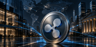 RLUSD-Symbol vor einem globalen Finanznetzwerk und Firmengebäuden