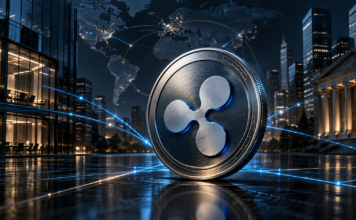 RLUSD-Symbol vor einem globalen Finanznetzwerk und Firmengebäuden