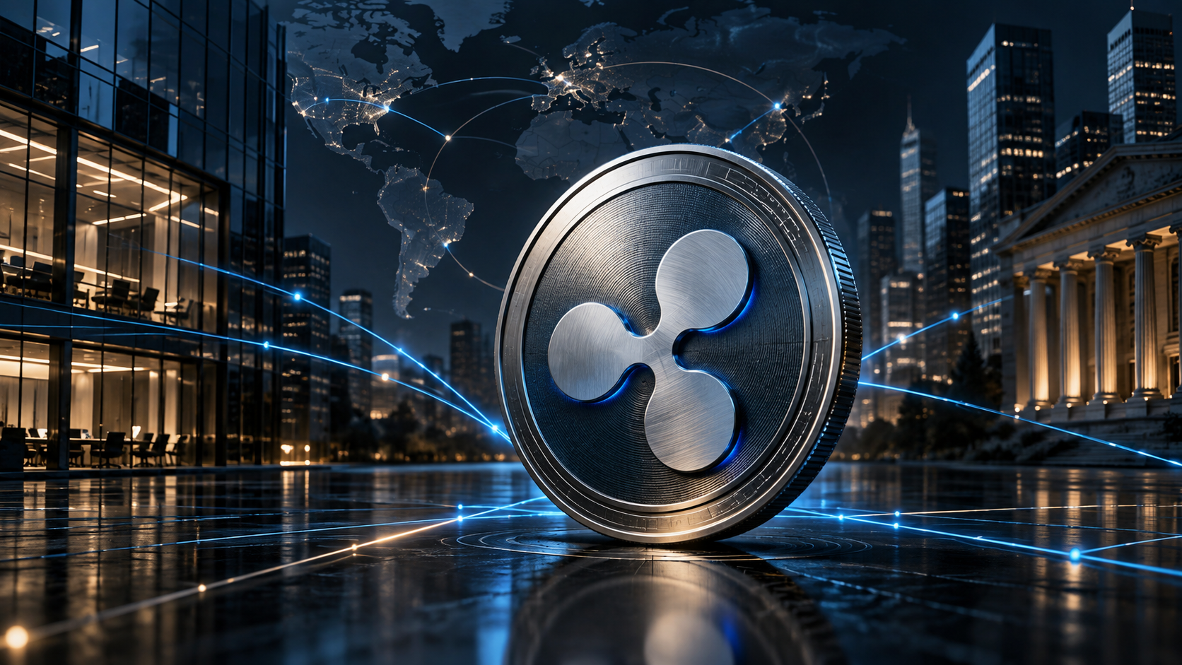 RLUSD-Symbol vor einem globalen Finanznetzwerk und Firmengebäuden
