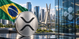 Ripple sichert Mega-Deal: 22-Billionen-BRL-Riese bringt Fonds auf den XRP Ledger XRP-Symbol vor der brasilianischen Flagge und der Skyline von São Paulo, daneben das Ripple-Logo auf Glas.