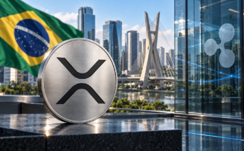 Ripple sichert Mega-Deal: 22-Billionen-BRL-Riese bringt Fonds auf den XRP Ledger XRP-Symbol vor der brasilianischen Flagge und der Skyline von São Paulo, daneben das Ripple-Logo auf Glas.