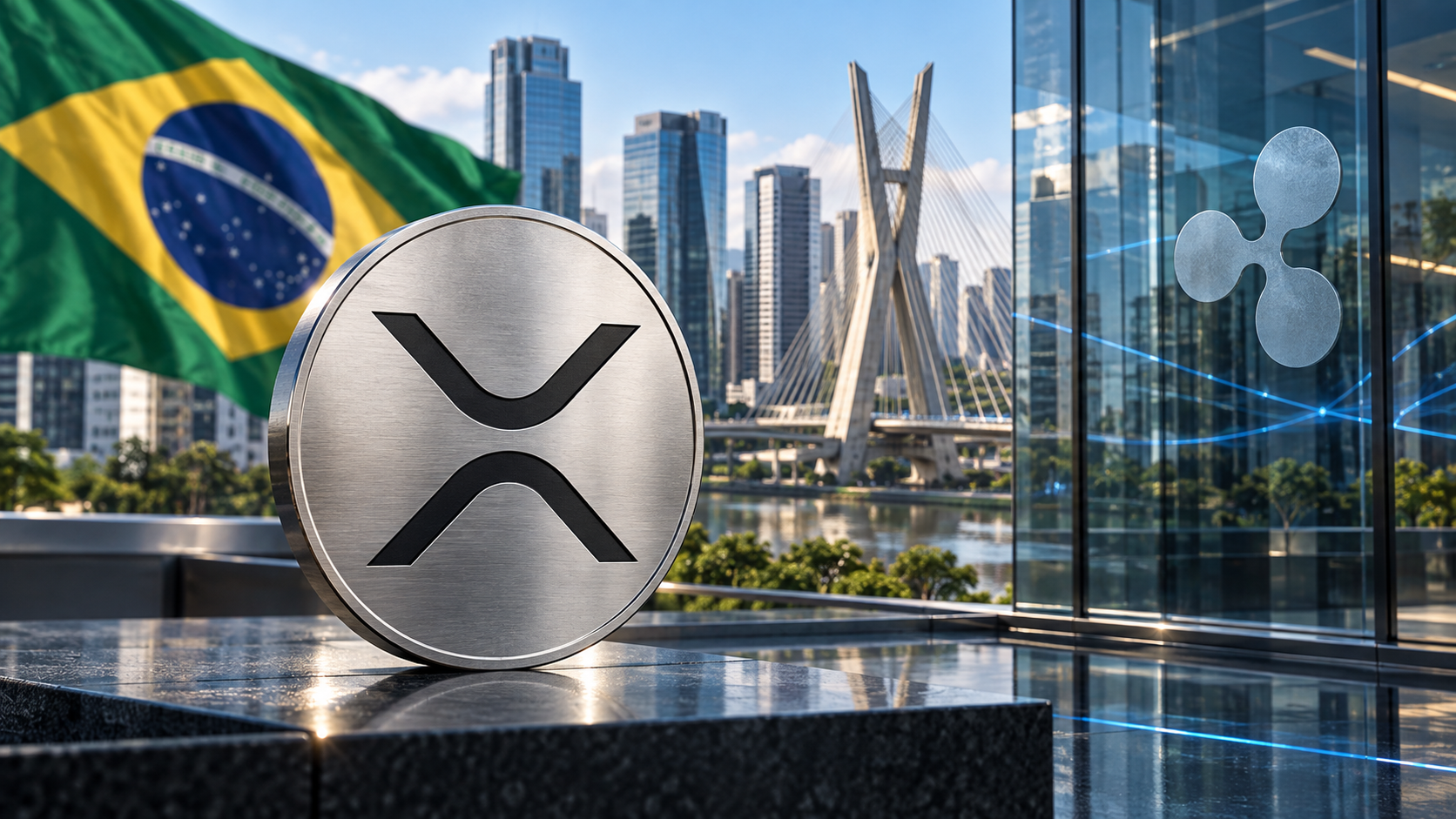 XRP-Symbol vor der brasilianischen Flagge und der Skyline von São Paulo, daneben das Ripple-Logo auf Glas.