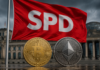 Steuerhammer für Bitcoin-Halter? SPD hält am Ende der Haltefrist fest SPD-Flagge vor dem Bundestag mit Bitcoin- und Ethereum-Coins