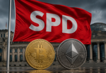 SPD-Flagge vor dem Bundestag mit Bitcoin- und Ethereum-Coins