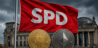 SPD-Flagge vor dem Bundestag mit Bitcoin- und Ethereum-Coins