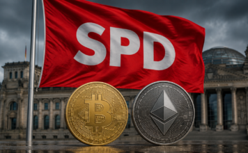 SPD-Flagge vor dem Bundestag mit Bitcoin- und Ethereum-Coins