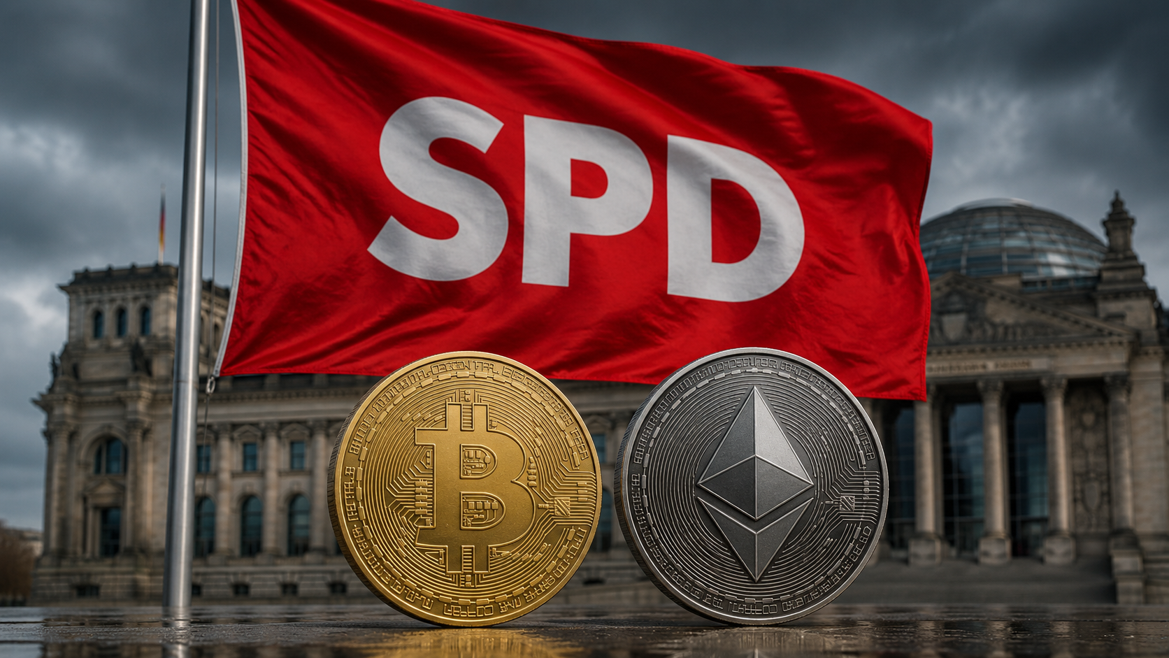 SPD-Flagge vor dem Bundestag mit Bitcoin- und Ethereum-Coins