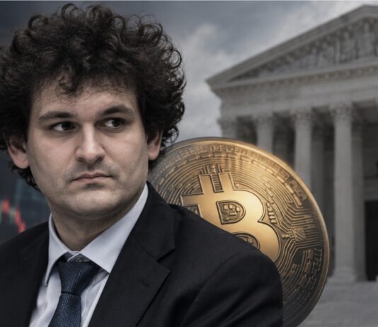 Sam Bankman-Fried vor dem US Supreme Court mit Bitcoin-Symbol im Hintergrund