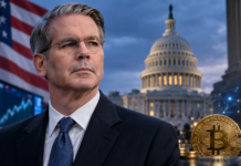 US-Finanzminister Scott Bessent vor dem US-Kapitol mit Bitcoin vor der Abstimmung über den CLARITY Act