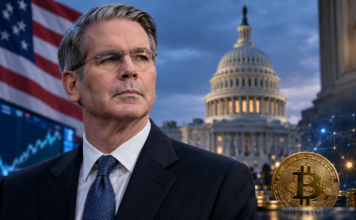 US-Finanzminister Scott Bessent vor dem US-Kapitol mit Bitcoin vor der Abstimmung über den CLARITY Act