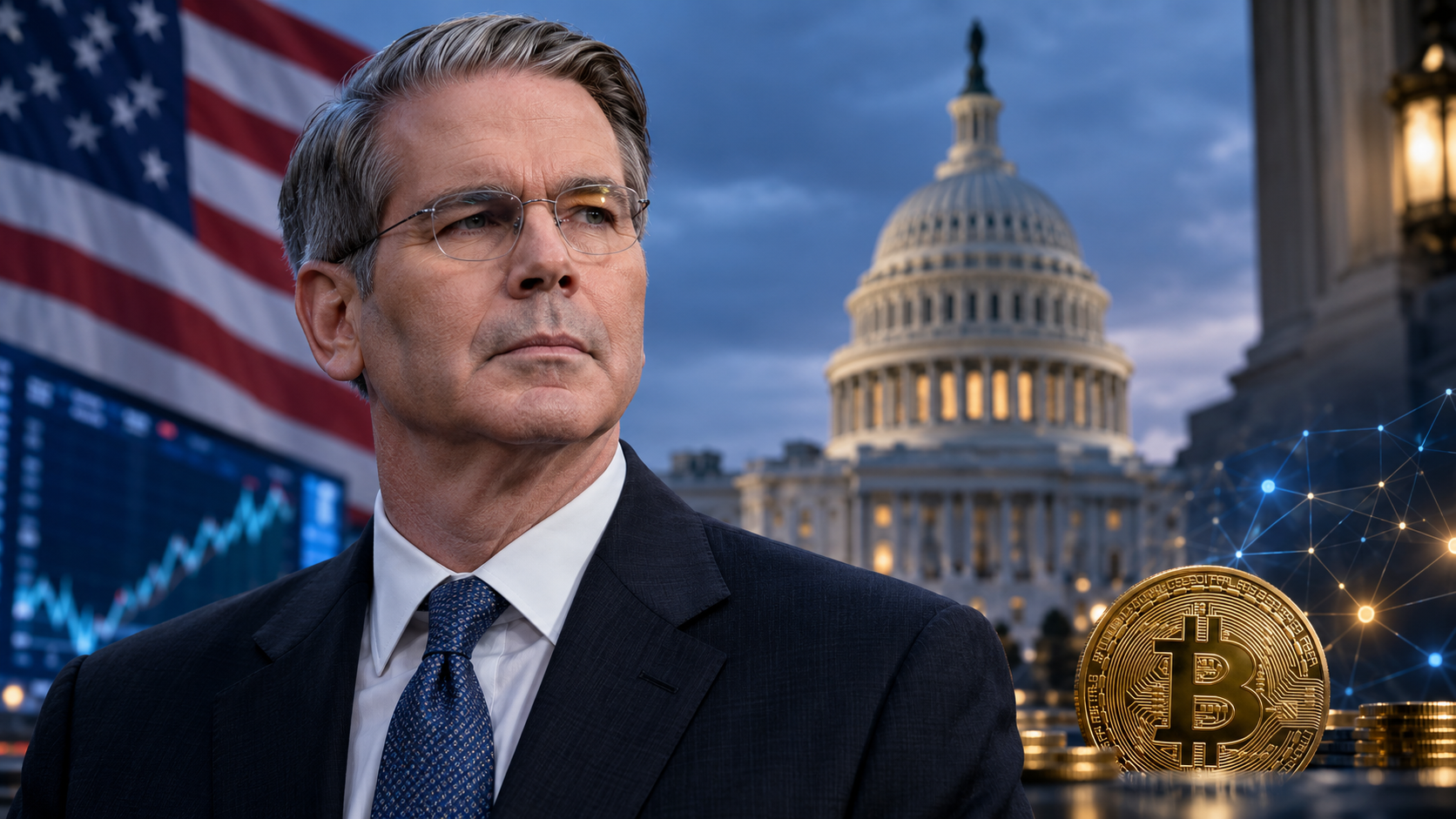 US-Finanzminister Scott Bessent vor dem US-Kapitol mit Bitcoin vor der Abstimmung über den CLARITY Act