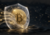 Bitcoin könnte Zcash-Feature mit privaten Transaktionen bekommen Bitcoin-Münze hinter einem transparenten Schutzschild als Illustration für private Bitcoin-Transfers