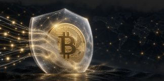Bitcoin könnte Zcash-Feature mit privaten Transaktionen bekommen Bitcoin-Münze hinter einem transparenten Schutzschild als Illustration für private Bitcoin-Transfers