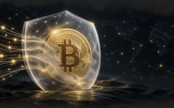 Bitcoin könnte Zcash-Feature mit privaten Transaktionen bekommen Bitcoin-Münze hinter einem transparenten Schutzschild als Illustration für private Bitcoin-Transfers