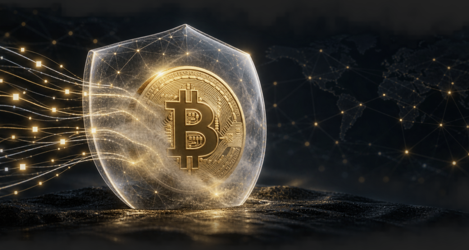 Bitcoin-Münze hinter einem transparenten Schutzschild als Illustration für private Bitcoin-Transfers