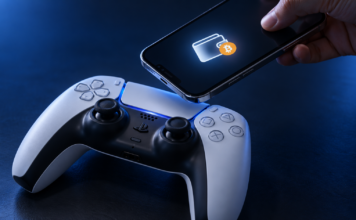 PlayStation-Controller neben einem Smartphone mit Wallet- und Bitcoin-Symbol.