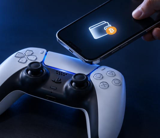 PlayStation-Controller neben einem Smartphone mit Wallet- und Bitcoin-Symbol.