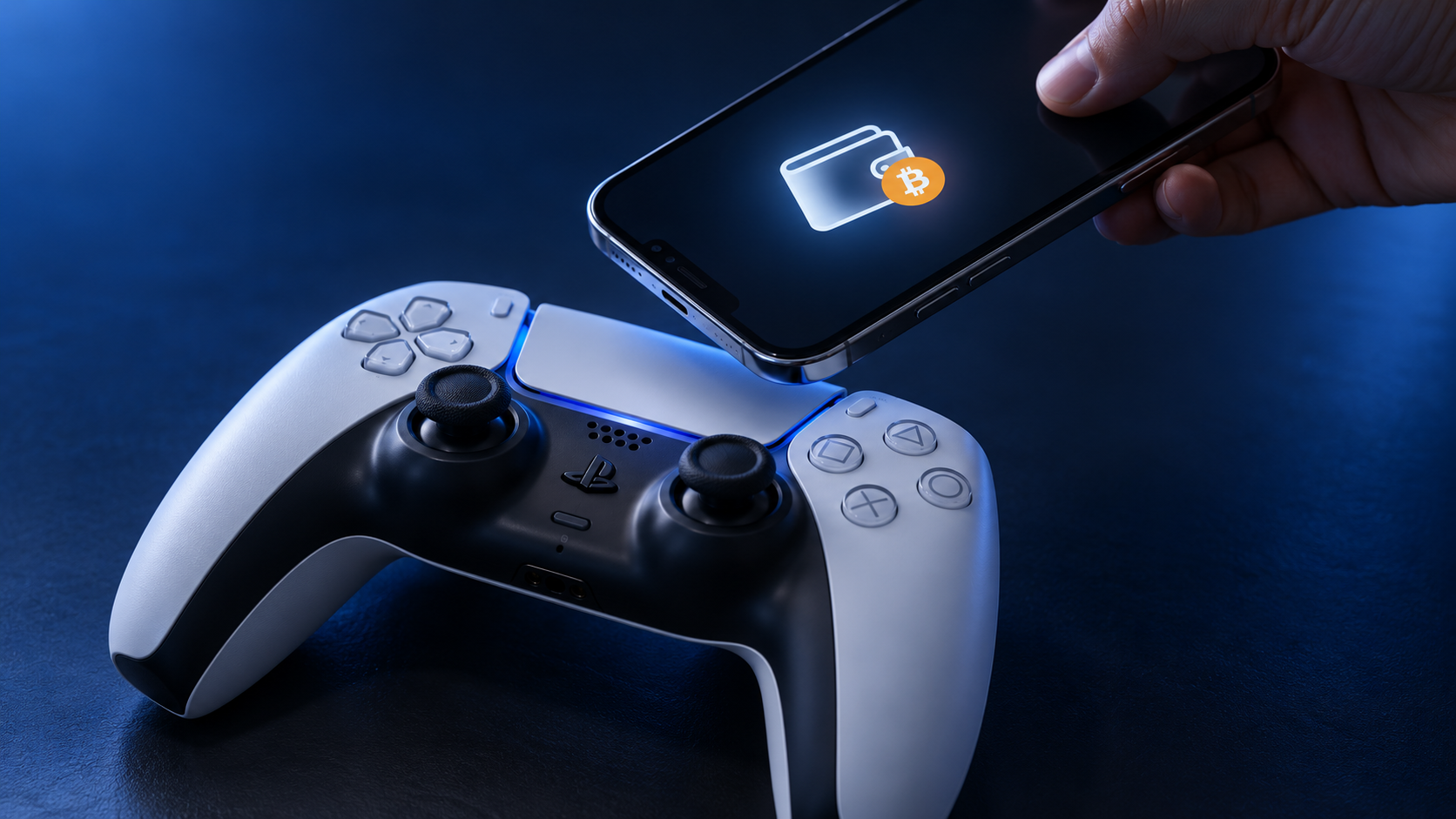 PlayStation-Controller neben einem Smartphone mit Wallet- und Bitcoin-Symbol.
