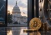 Bitcoin-Münzen vor einem Tresor, im Hintergrund das US-Kapitol und ein Kurschart als Symbol für die geplante strategische Bitcoin-Reserve der USA