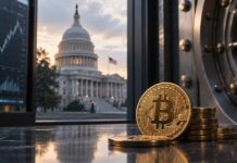 USA treiben Pläne für strategische Bitcoin-Reserve weiter voran Bitcoin-Münzen vor einem Tresor, im Hintergrund das US-Kapitol und ein Kurschart als Symbol für die geplante strategische Bitcoin-Reserve der USA