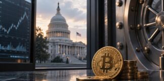 Bitcoin-Münzen vor einem Tresor, im Hintergrund das US-Kapitol und ein Kurschart als Symbol für die geplante strategische Bitcoin-Reserve der USA