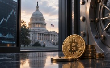 Bitcoin-Münzen vor einem Tresor, im Hintergrund das US-Kapitol und ein Kurschart als Symbol für die geplante strategische Bitcoin-Reserve der USA