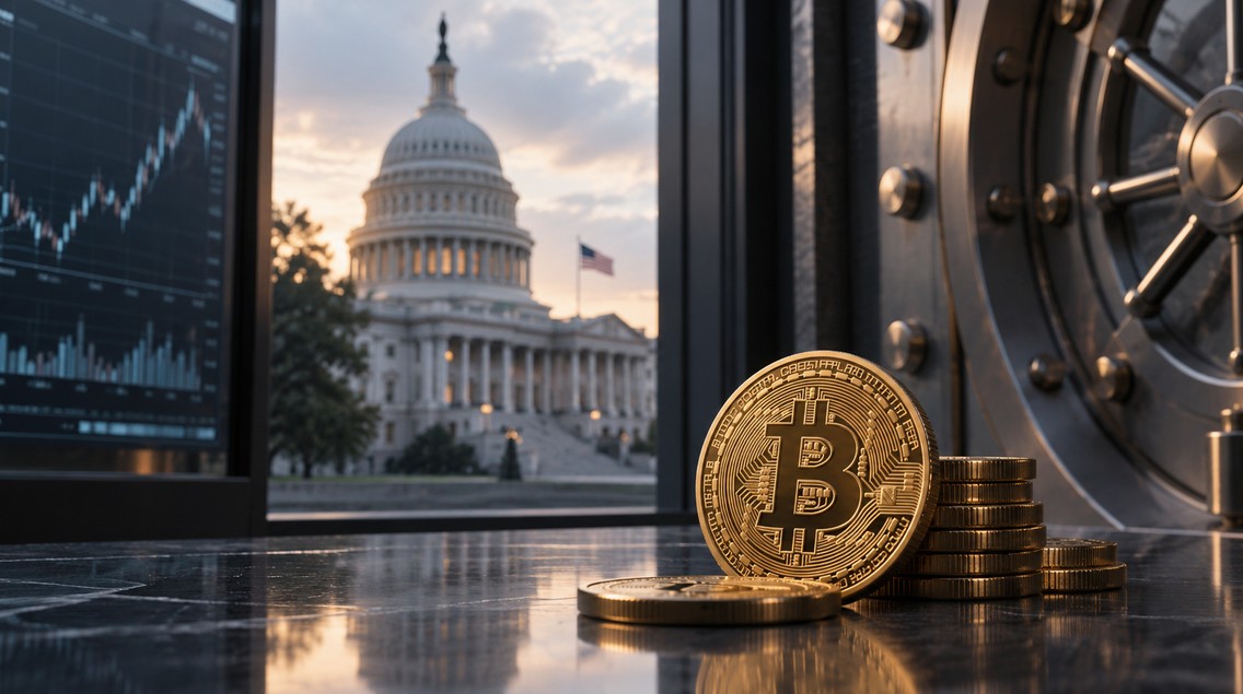 Bitcoin-Münzen vor einem Tresor, im Hintergrund das US-Kapitol und ein Kurschart als Symbol für die geplante strategische Bitcoin-Reserve der USA