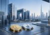 Bitcoin- und Ether-Coins auf einem Schreibtisch vor der Skyline von Dubai in einem modernen Bank- und Finanzumfeld.