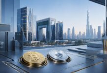 Bitcoin- und Ether-Coins auf einem Schreibtisch vor der Skyline von Dubai in einem modernen Bank- und Finanzumfeld.