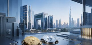 Bitcoin- und Ether-Coins auf einem Schreibtisch vor der Skyline von Dubai in einem modernen Bank- und Finanzumfeld.