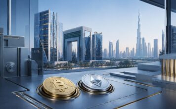 Bitcoin- und Ether-Coins auf einem Schreibtisch vor der Skyline von Dubai in einem modernen Bank- und Finanzumfeld.