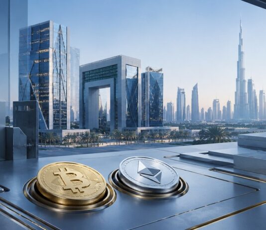Bitcoin- und Ether-Coins auf einem Schreibtisch vor der Skyline von Dubai in einem modernen Bank- und Finanzumfeld.