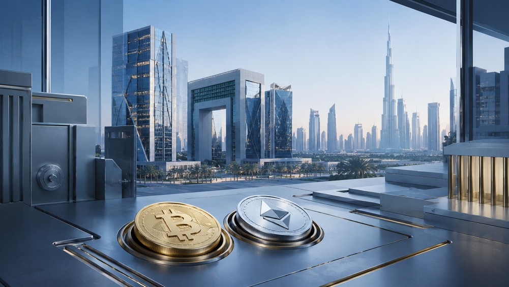 Bitcoin- und Ether-Coins auf einem Schreibtisch vor der Skyline von Dubai in einem modernen Bank- und Finanzumfeld.