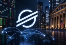 Prominentes Stellar-Logo vor einer US-Bank, Trading-Bildschirmen und einer digitalen Weltkarte mit Zahlungsströmen als Symbol für globale Stablecoin-Transaktionen