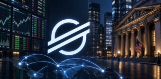 Prominentes Stellar-Logo vor einer US-Bank, Trading-Bildschirmen und einer digitalen Weltkarte mit Zahlungsströmen als Symbol für globale Stablecoin-Transaktionen