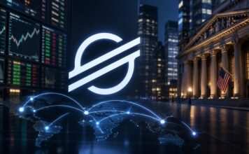 Prominentes Stellar-Logo vor einer US-Bank, Trading-Bildschirmen und einer digitalen Weltkarte mit Zahlungsströmen als Symbol für globale Stablecoin-Transaktionen