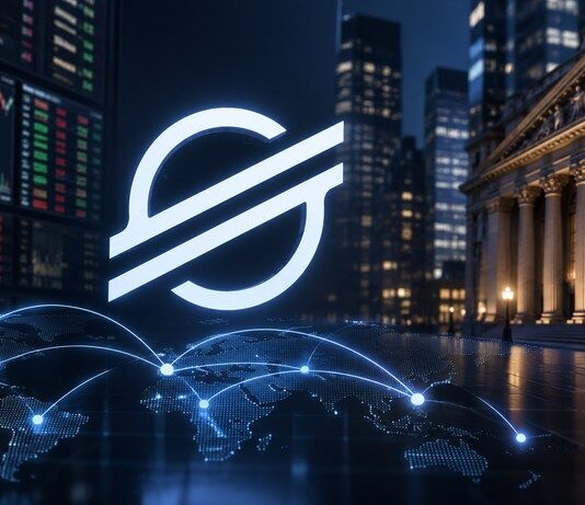 Stellar landet Milliarden-Coup mit U.S. Bank in neuem Projekt Prominentes Stellar-Logo vor einer US-Bank, Trading-Bildschirmen und einer digitalen Weltkarte mit Zahlungsströmen als Symbol für globale Stablecoin-Transaktionen