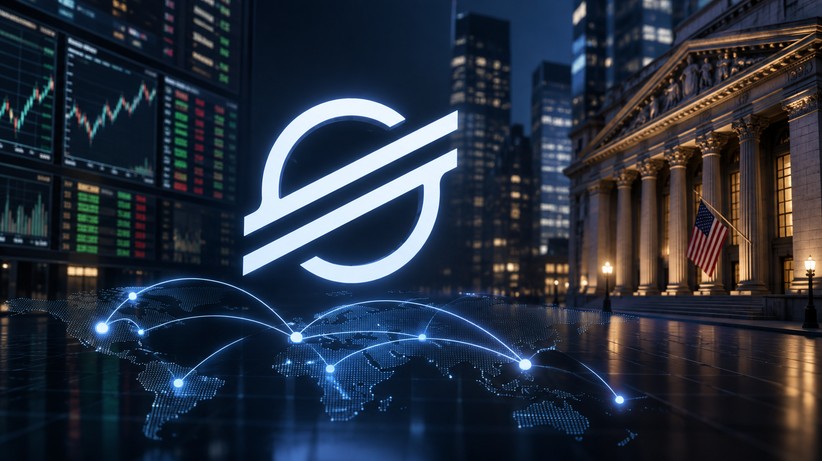Prominentes Stellar-Logo vor einer US-Bank, Trading-Bildschirmen und einer digitalen Weltkarte mit Zahlungsströmen als Symbol für globale Stablecoin-Transaktionen