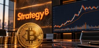 "Bitcoin-Münze vor Strategy-Logo und Kurschart in einem modernen Handelsumfeld