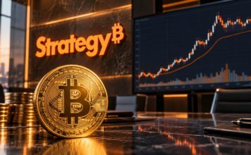 "Bitcoin-Münze vor Strategy-Logo und Kurschart in einem modernen Handelsumfeld