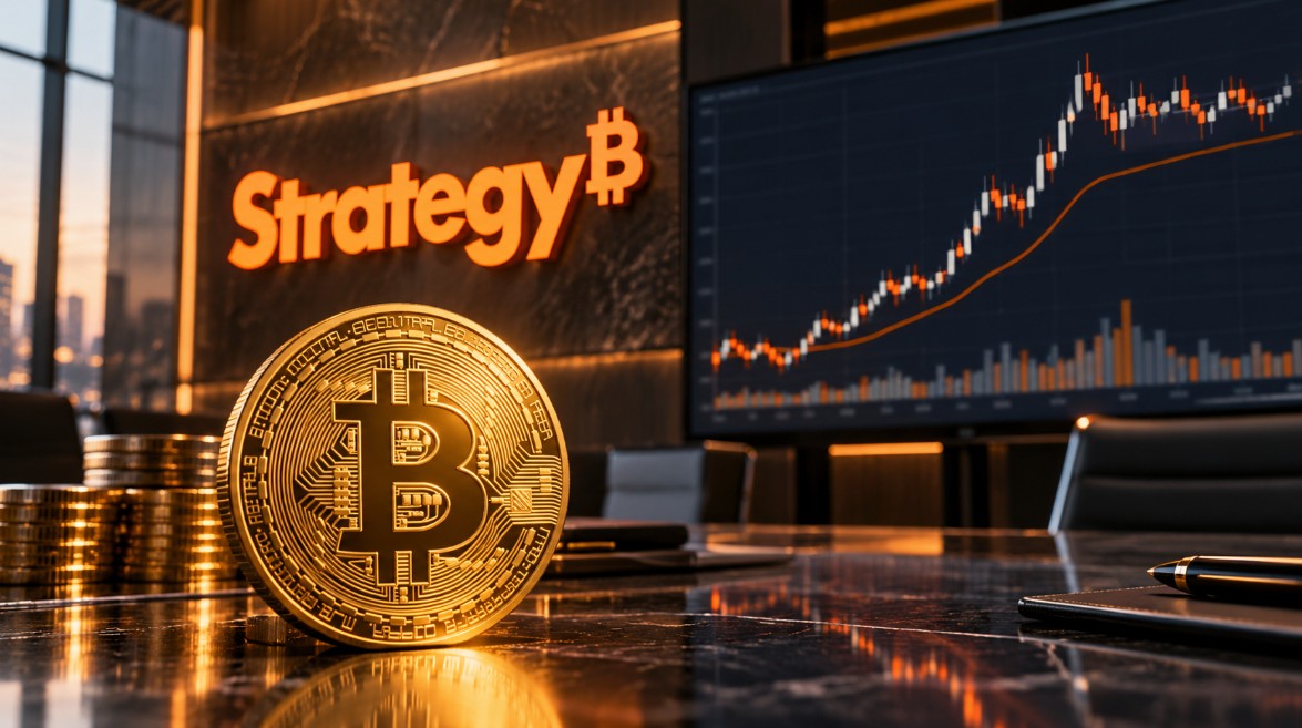 "Bitcoin-Münze vor Strategy-Logo und Kurschart in einem modernen Handelsumfeld