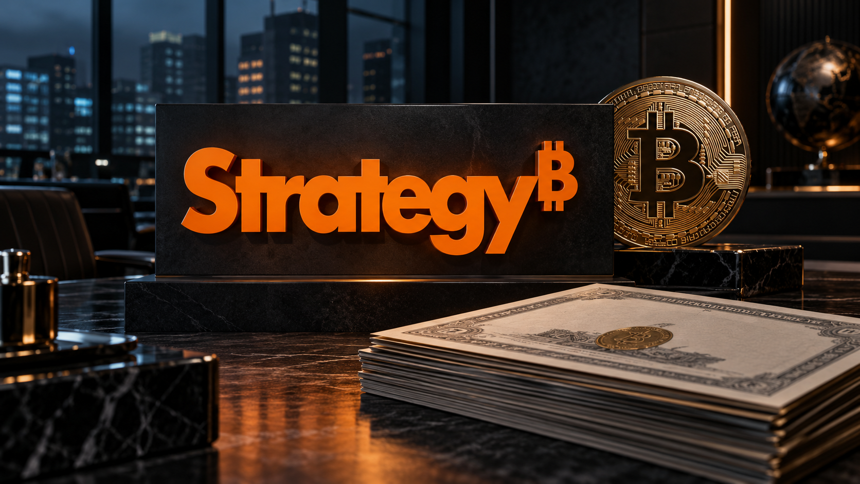 Strategy-Logo neben Bitcoin und US-Kapital als Symbol für den STRC-Rückkauf
