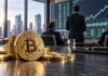 Goldene Bitcoin-Münzen auf einem Konferenztisch vor Analysten und steigenden Kurscharts in einem modernen Büro.