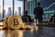 BREAKING: Strategy kauft 950 Bitcoin – Gesamtbestand steigt auf 846.000 BTC Goldene Bitcoin-Münzen auf einem Konferenztisch vor Analysten und steigenden Kurscharts in einem modernen Büro.