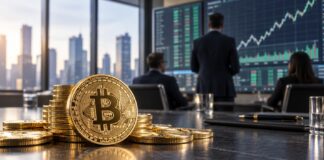 Goldene Bitcoin-Münzen auf einem Konferenztisch vor Analysten und steigenden Kurscharts in einem modernen Büro.