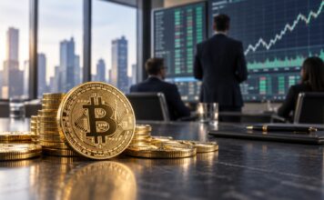 Goldene Bitcoin-Münzen auf einem Konferenztisch vor Analysten und steigenden Kurscharts in einem modernen Büro.