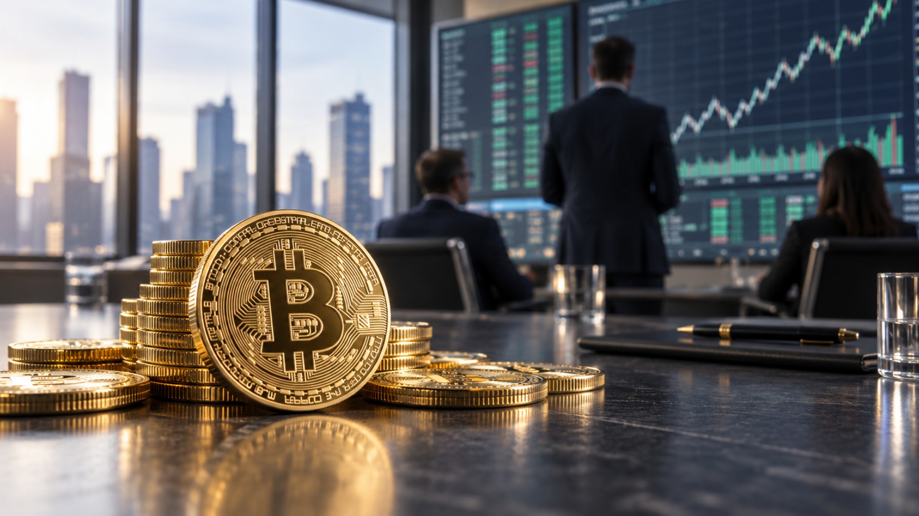 Goldene Bitcoin-Münzen auf einem Konferenztisch vor Analysten und steigenden Kurscharts in einem modernen Büro.