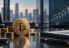 Bitcoin-Münze auf einem Konferenztisch mit Finanzunterlagen und aufsteigendem Chart im Hintergrund als Symbol für Strives wachsenden Bitcoin-Bestand.