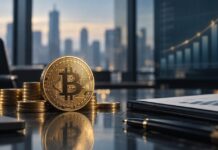 Strive kauft erneut BTC und erreicht neuen Bestand von 25.000 Bitcoin Bitcoin-Münze auf einem Konferenztisch mit Finanzunterlagen und aufsteigendem Chart im Hintergrund als Symbol für Strives wachsenden Bitcoin-Bestand.